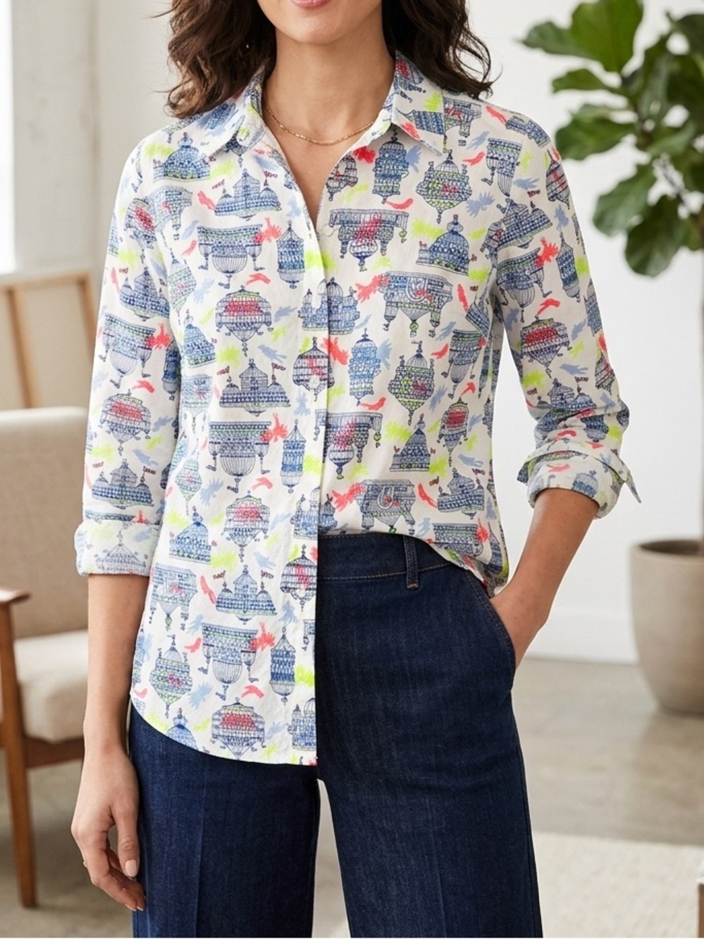 Talbots Novelty Birdcage Print Button Down Shirt Long Sleeve White❤️